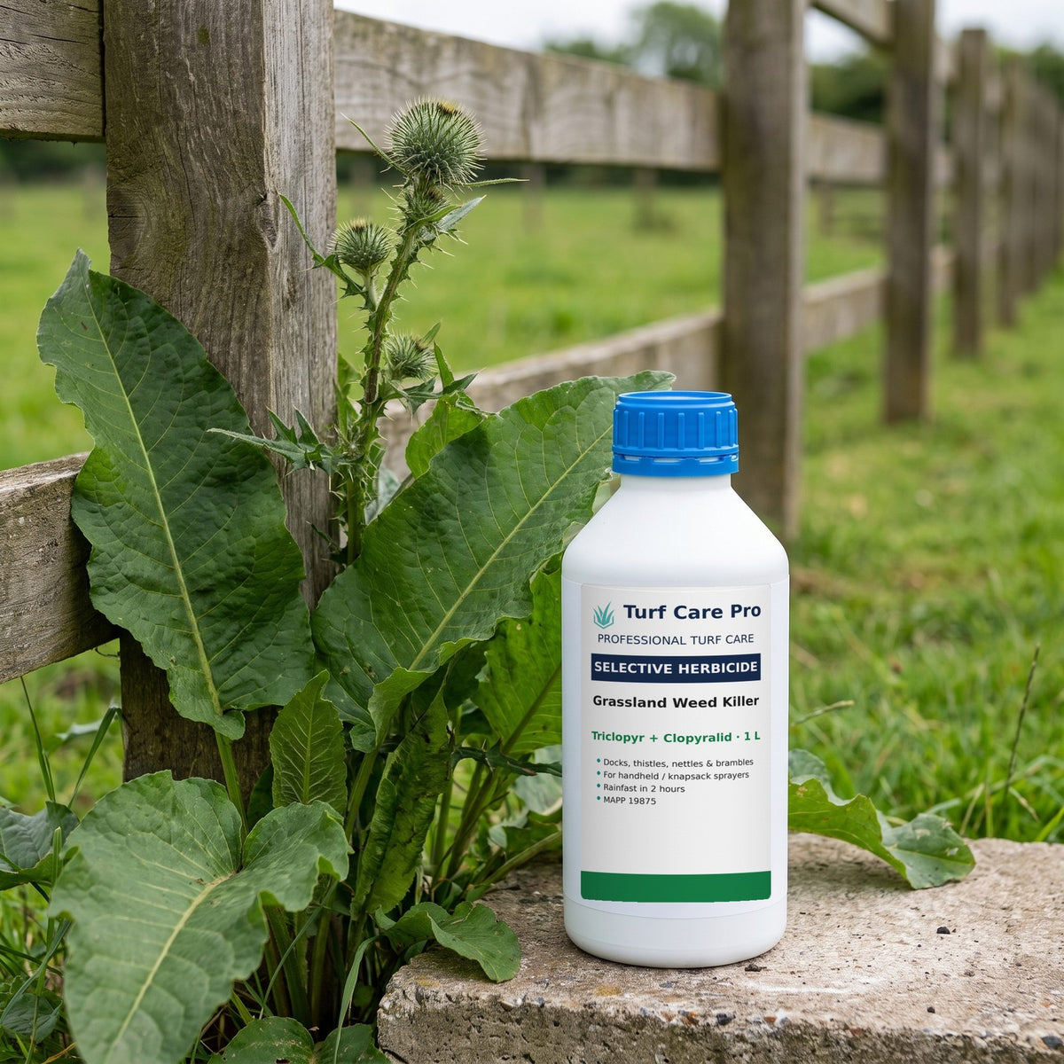 1L selective grassland herbicide beside docks and a spear thistle at a paddock fence