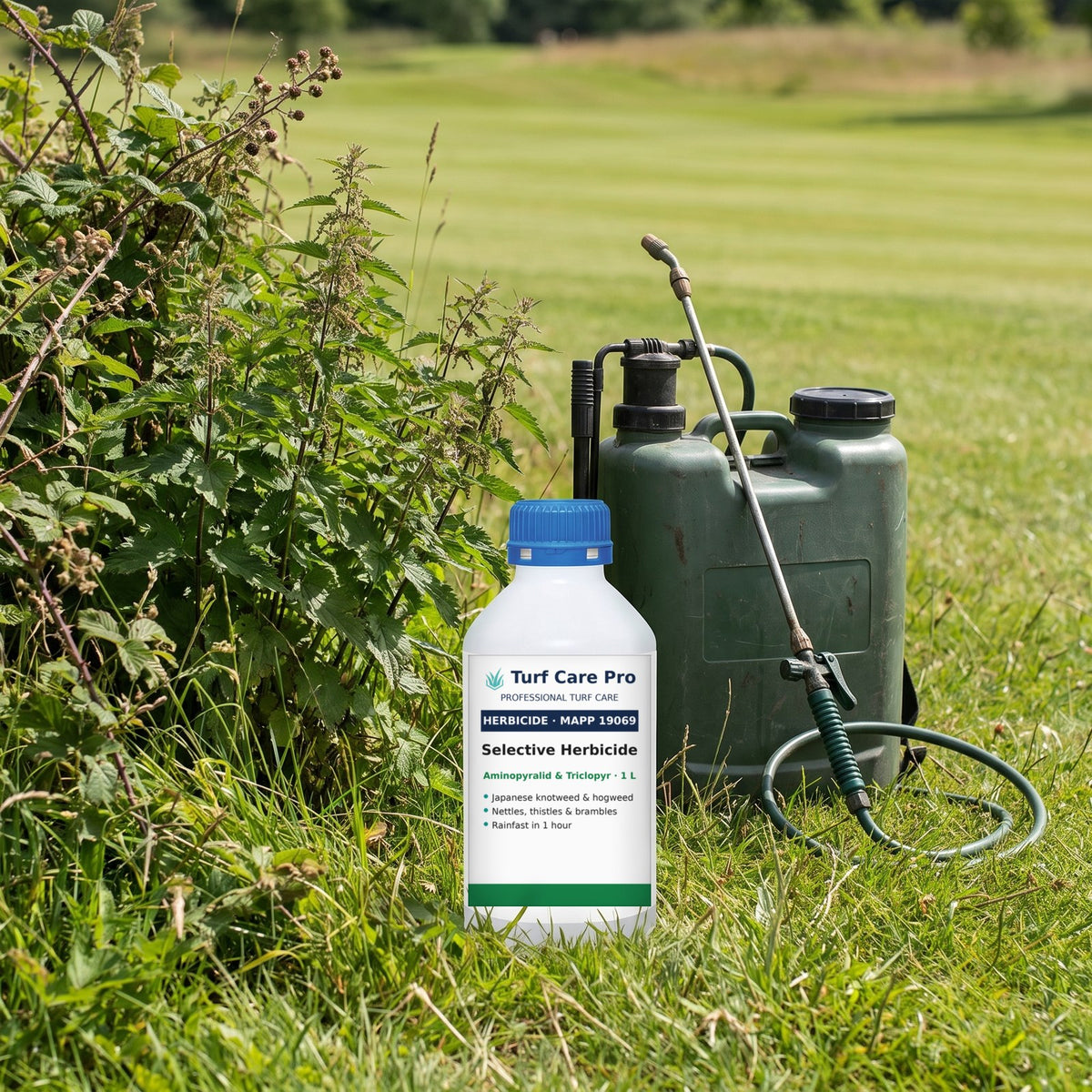 1L selective herbicide beside nettles and brambles in a golf rough with a knapsack sprayer