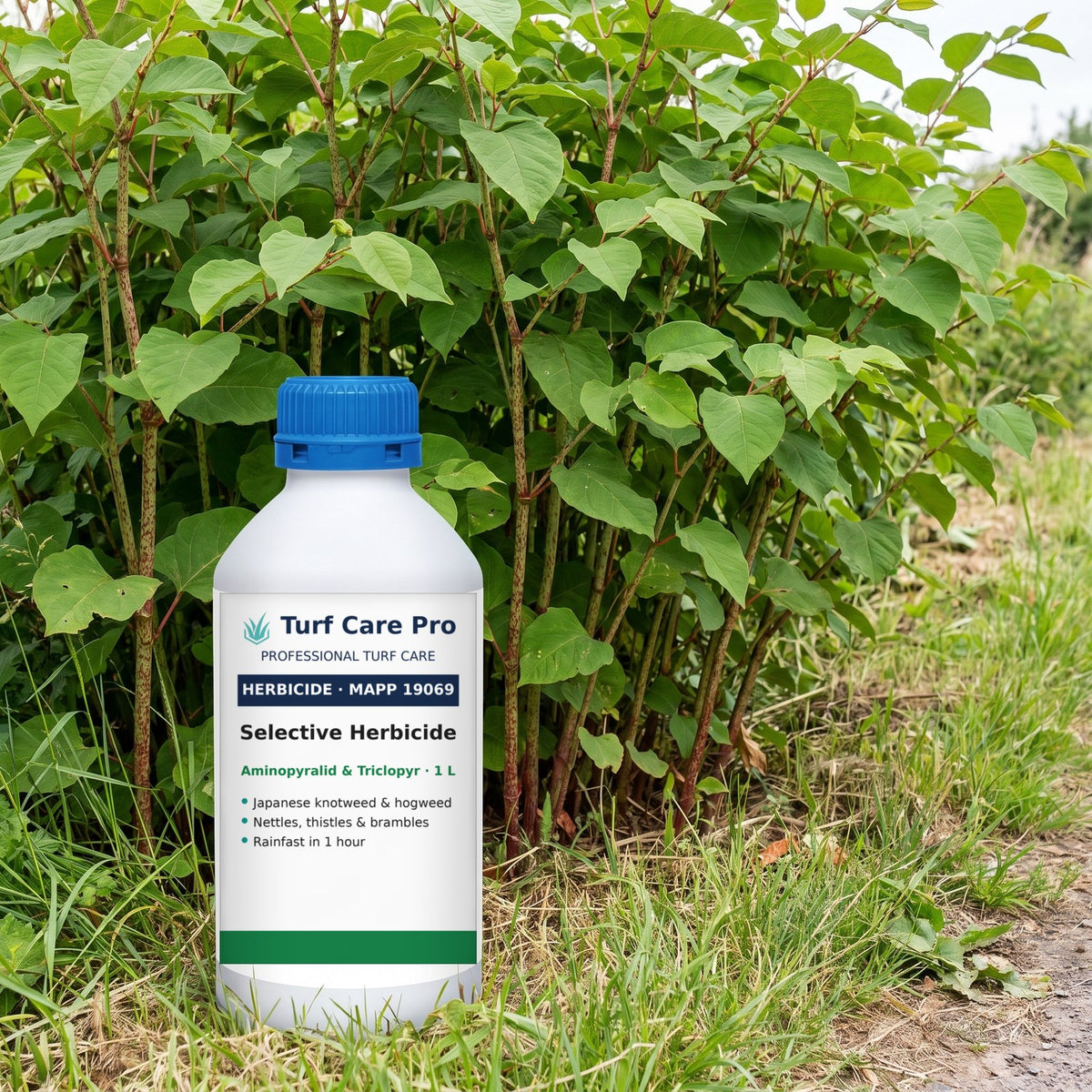 1L aminopyralid and triclopyr selective herbicide in front of Japanese knotweed on a roadside verge