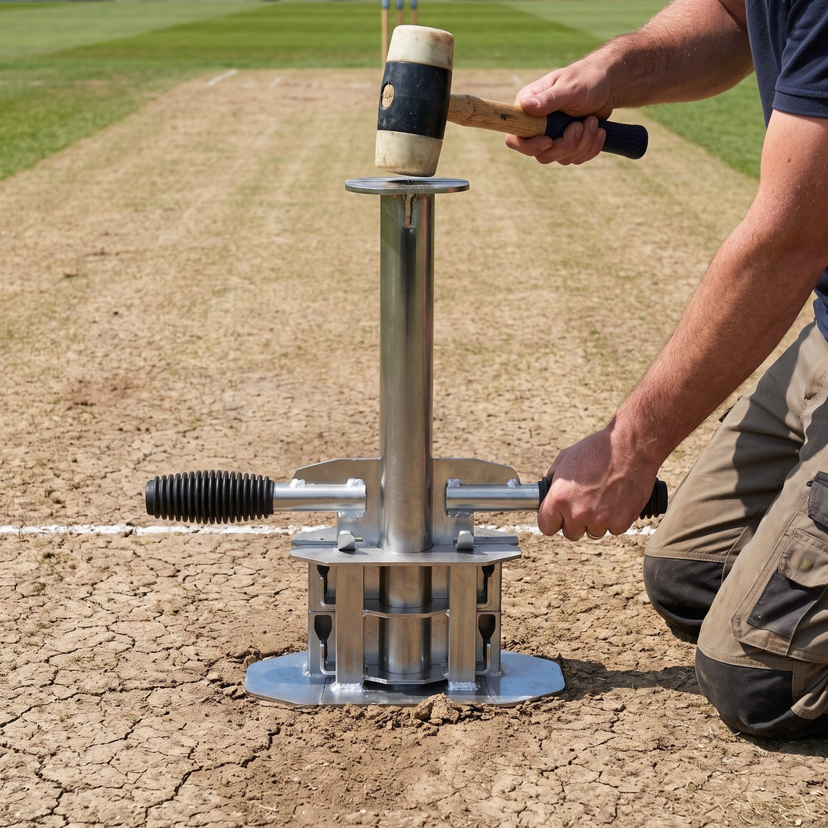 Groundsman driving a heavy duty soil sampler into a hard cricket square with a nylon-faced mallet