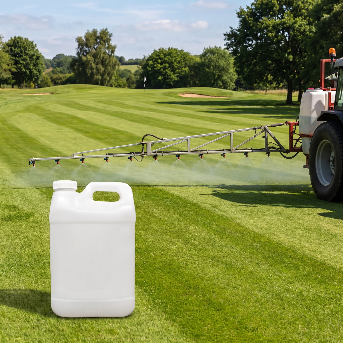 10L soil surfactant wetting agent on a golf fairway sprayed with a tractor-mounted boom