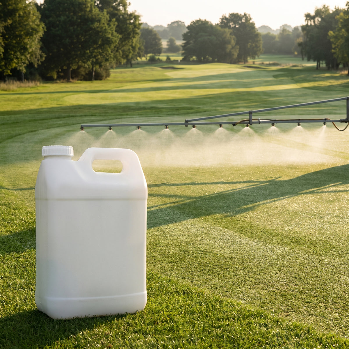 10L soil surfactant wetting agent beside a golf green being treated with a spray boom