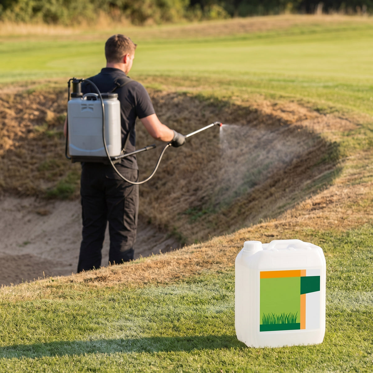 Greenkeeper spraying soil wetting agent onto a dry bunker face to help water move evenly into the slope
