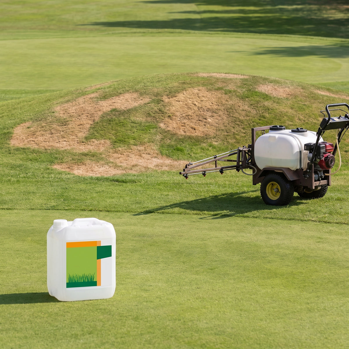 10L soil wetting agent beside a golf mound with localised dry spot, with a boom sprayer ready to treat the dry patches