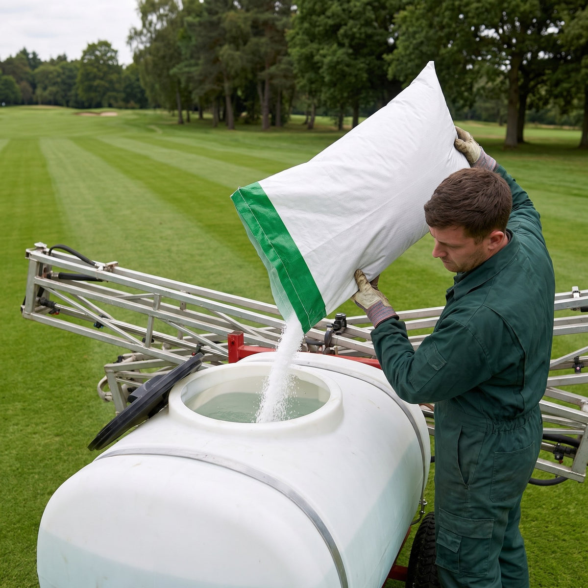 Groundsman adding water soluble turf fertiliser to a boom sprayer tank on a golf fairway
