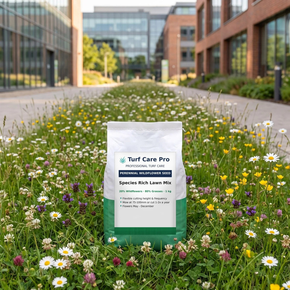 1kg species rich lawn and landscape wildflower seed mix on a flowering lawn at a business park