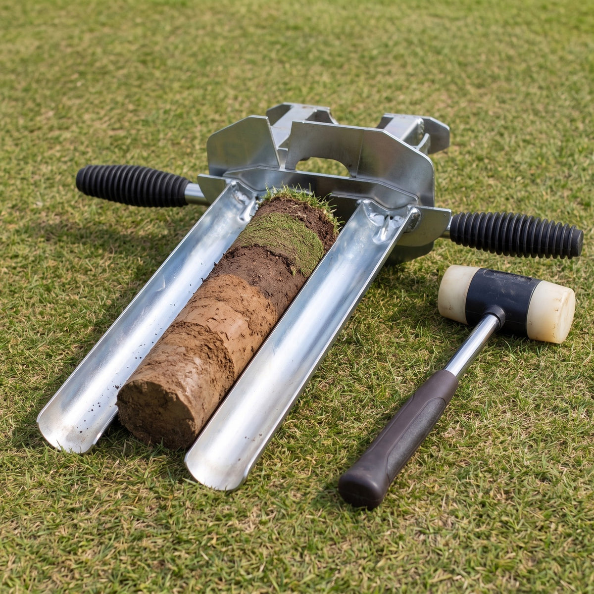 Split-frame soil sampler opened into two halves showing an intact soil core, with a nylon-faced mallet