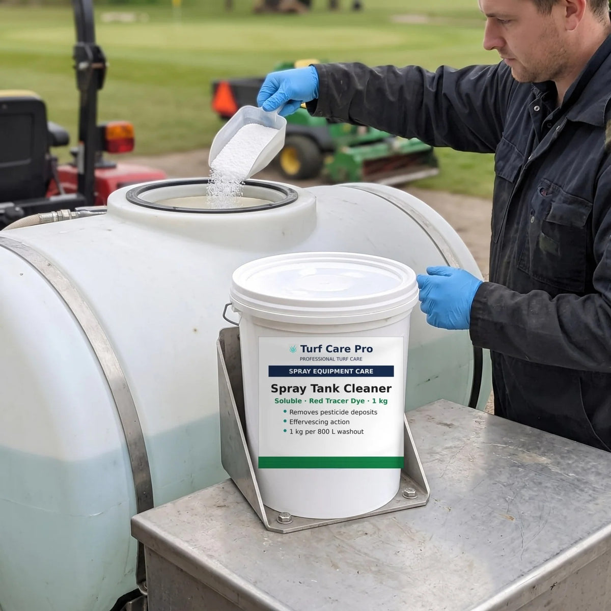 Groundsman adding 1kg soluble spray tank cleaner to a boom sprayer tank