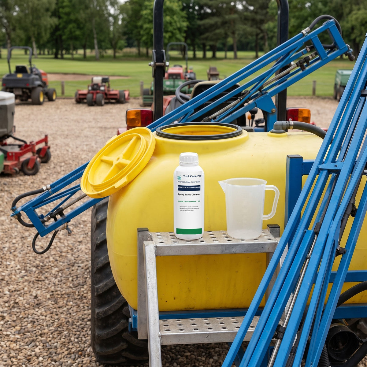 1L liquid spray tank cleaner on the fill step of a tractor-mounted boom sprayer
