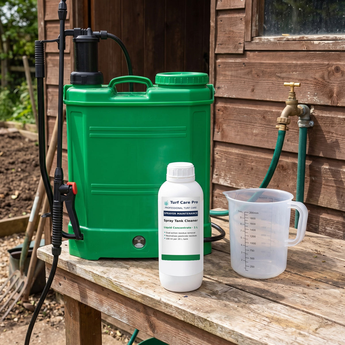 1L liquid spray tank cleaner on a shed workbench beside a knapsack sprayer, measuring jug and hose tap