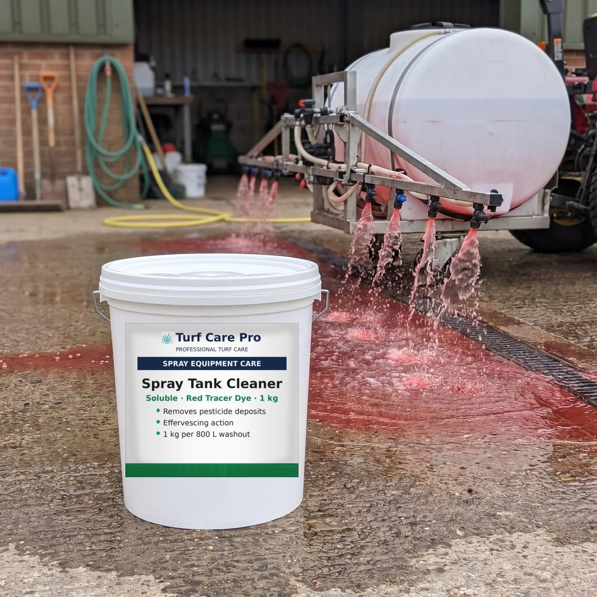Red tracer dye showing as spray boom nozzles are flushed with spray tank cleaner solution
