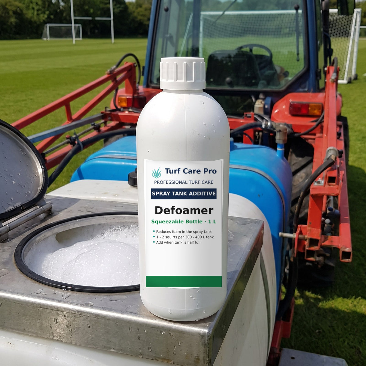 1L spray tank defoamer bottle on a tractor sprayer next to a foaming tank opening
