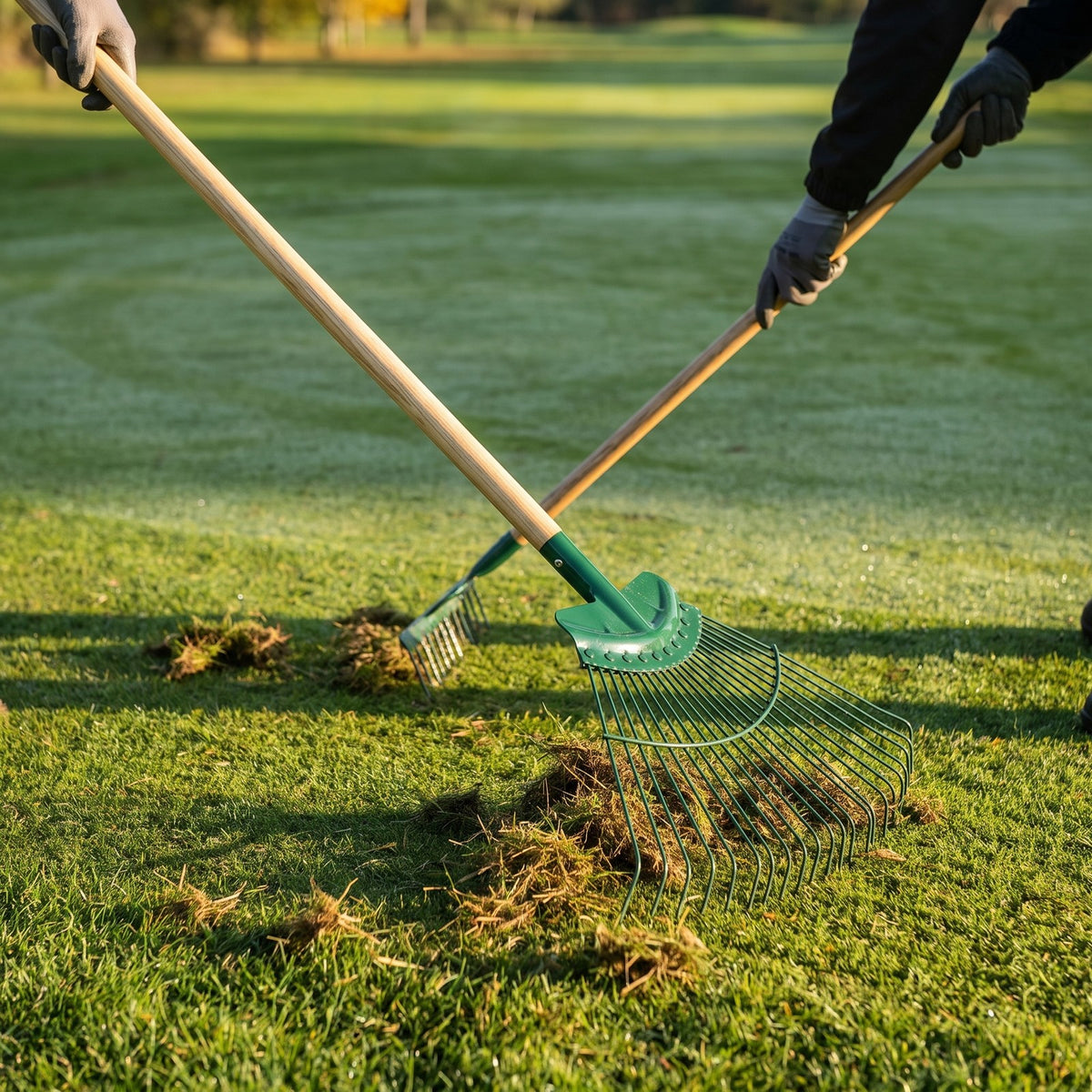 20-tine spring lawn rake with ash handle removing thatch on golf course turf
