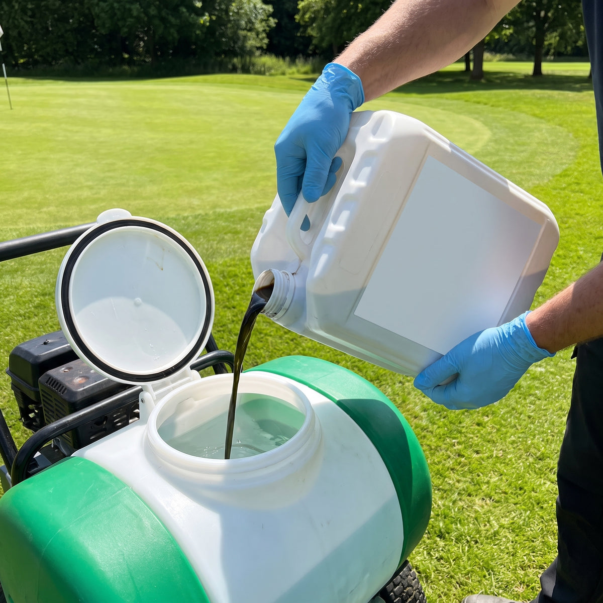 Liquid turf fertiliser concentrate being added to a sprayer tank of water beside a golf green