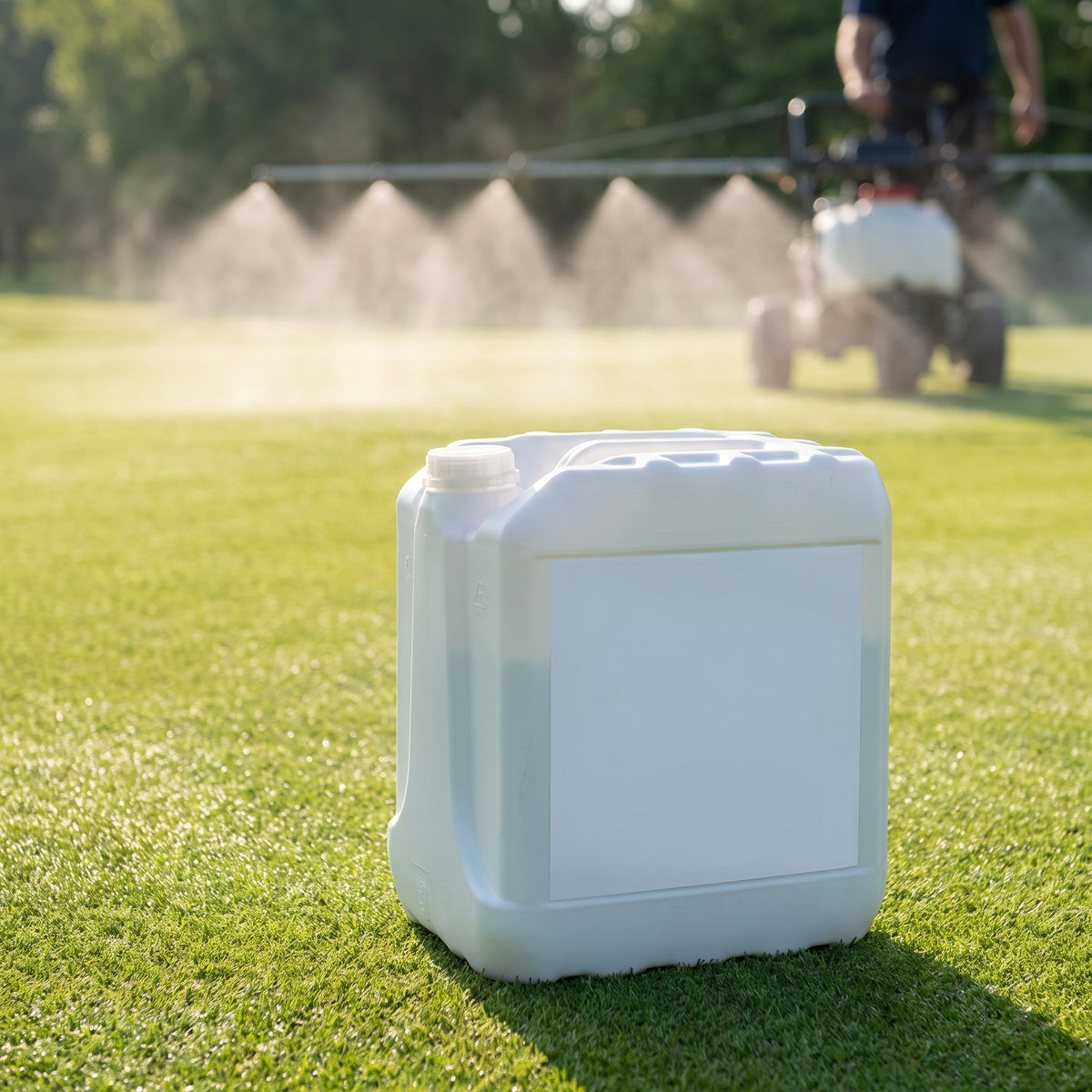 10L spring and summer liquid turf fertiliser on a golf green while a boom sprayer applies it