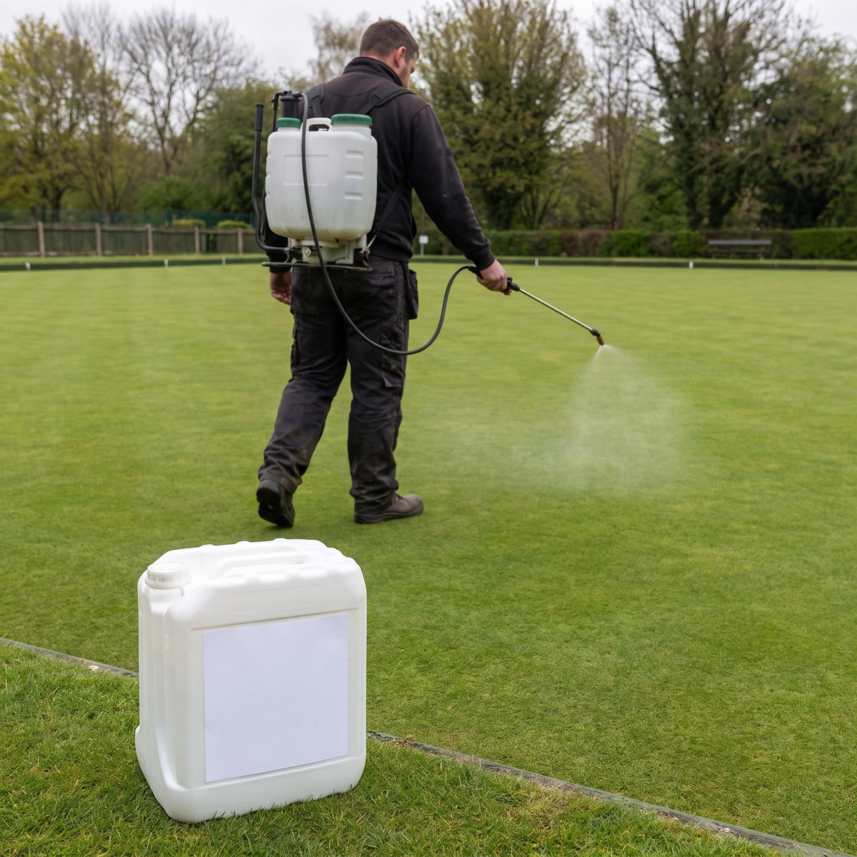 Groundsman applying liquid turf fertiliser with a knapsack sprayer on fine turf, 10L container in foreground