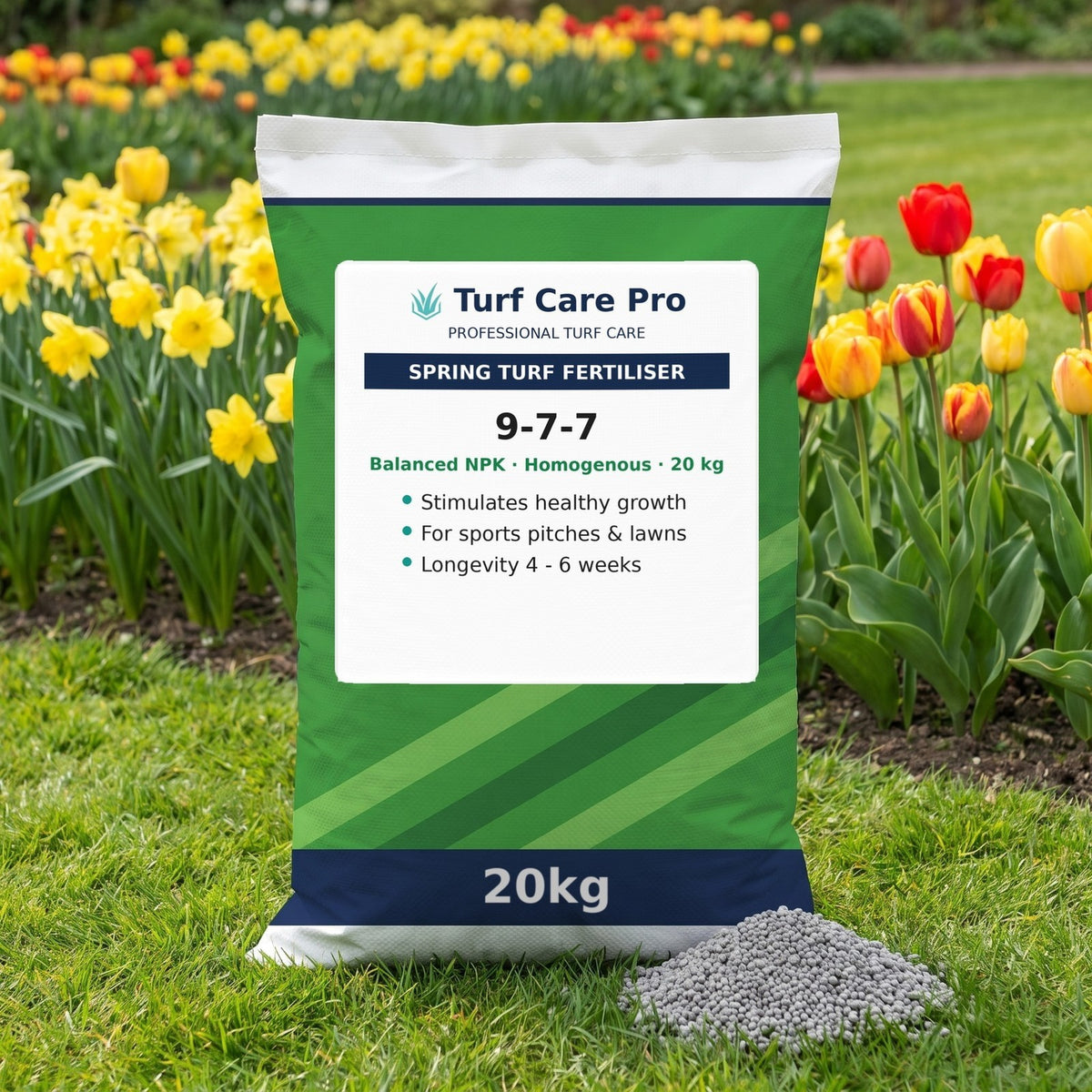 20kg 9-7-7 spring fertiliser bag with granules on a garden lawn in spring