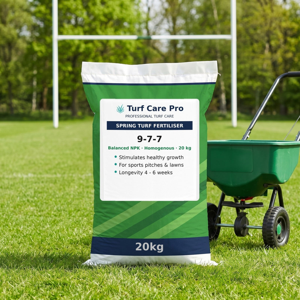 20kg 9-7-7 spring turf fertiliser bag beside a rotary spreader on a rugby playing field