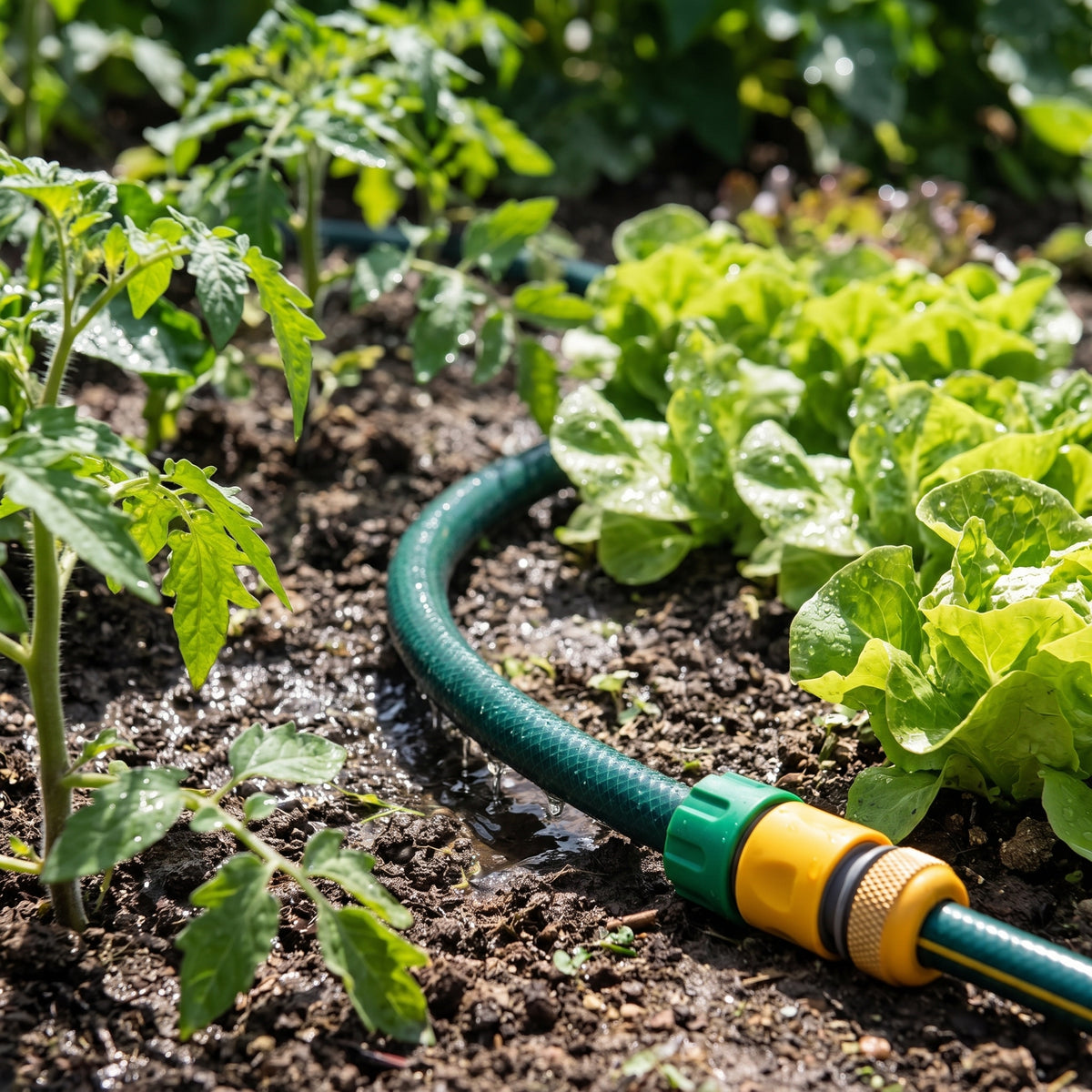 Sprinkler and soaker hose turned over in soaker mode, dripping water slowly at the roots of vegetable plants