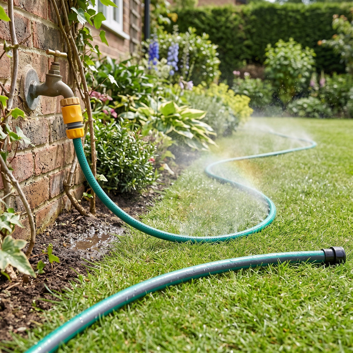 Sprinkler and soaker hose in sprinkler mode, giving a fine gentle mist across a garden lawn and flower border