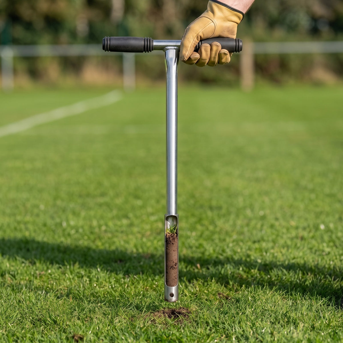 Standard 1in soil sampler lifted from a pitch with the soil core visible in the large tine window