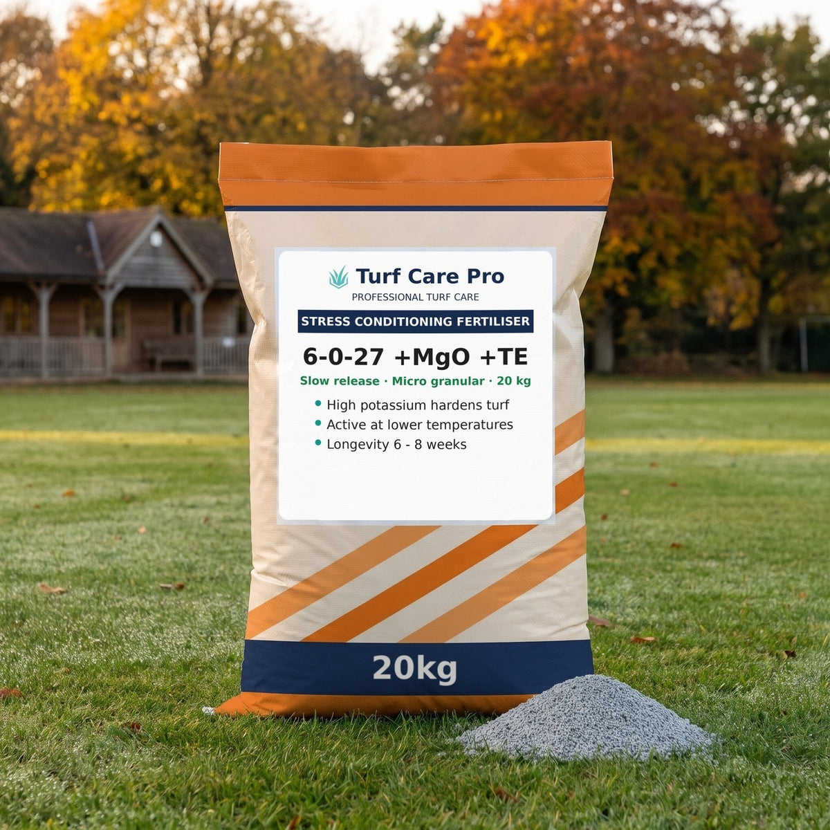 20kg 6-0-27 fertiliser bag with micro granules on a cricket ground in autumn