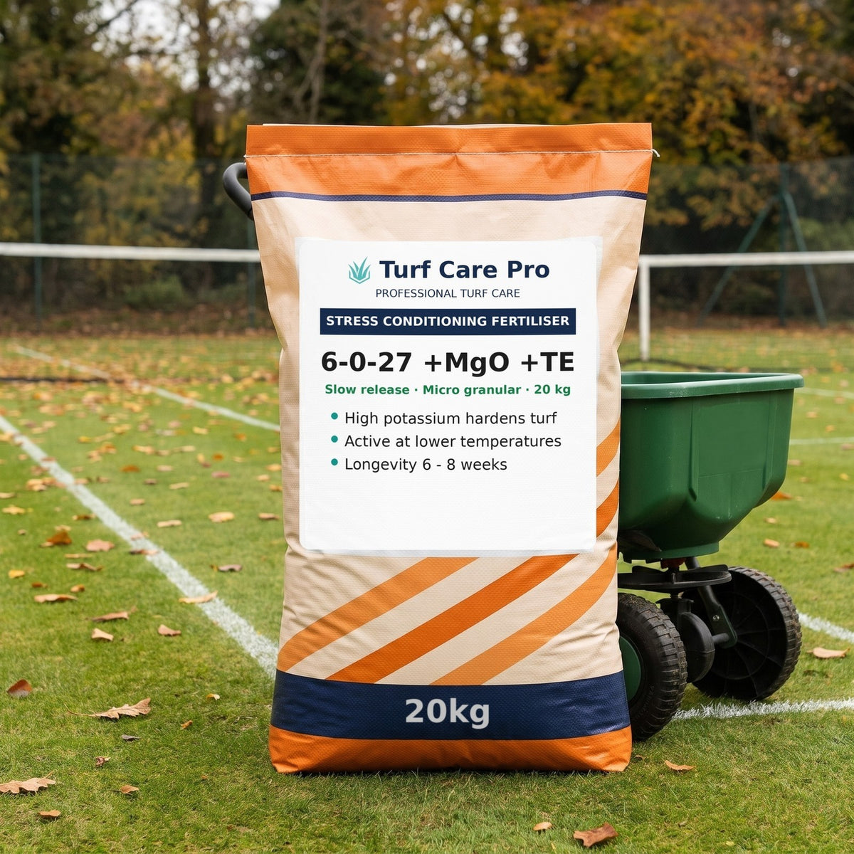 20kg 6-0-27 stress conditioning fertiliser bag beside a rotary spreader on a grass tennis court