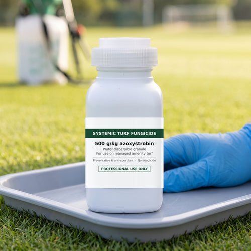 100g & 500g Systemic Turf Fungicide, 500 g/kg Azoxystrobin – bottle close-up