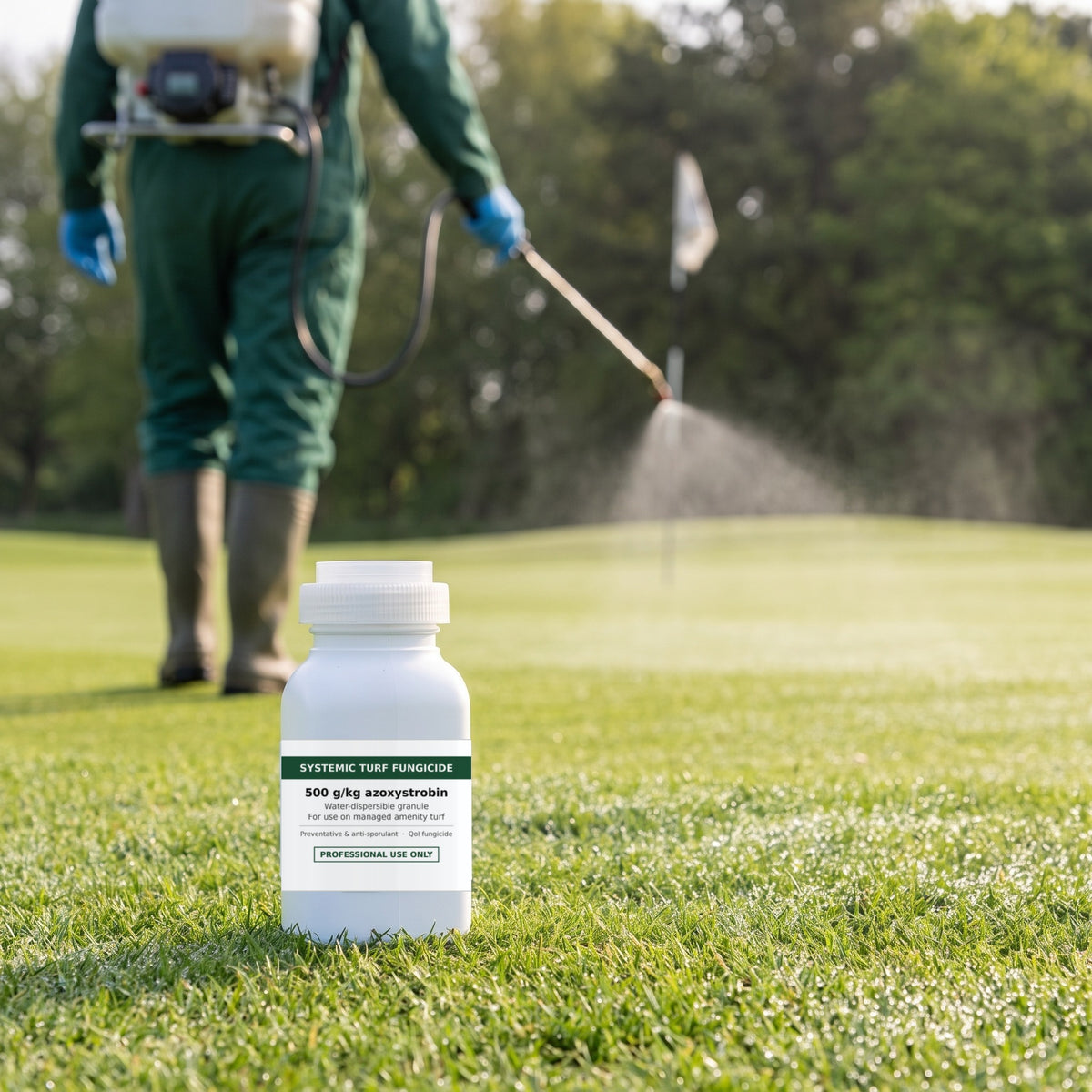 Greenkeeper applying 100g & 500g systemic turf fungicide with a knapsack sprayer on a golf green