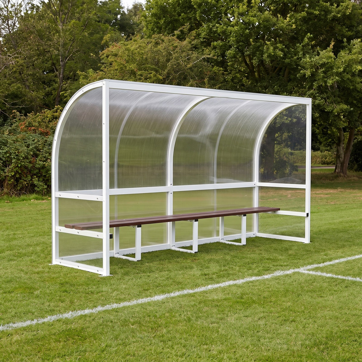 Freestanding aluminium five person 2.5m team shelter at the side of a football pitch
