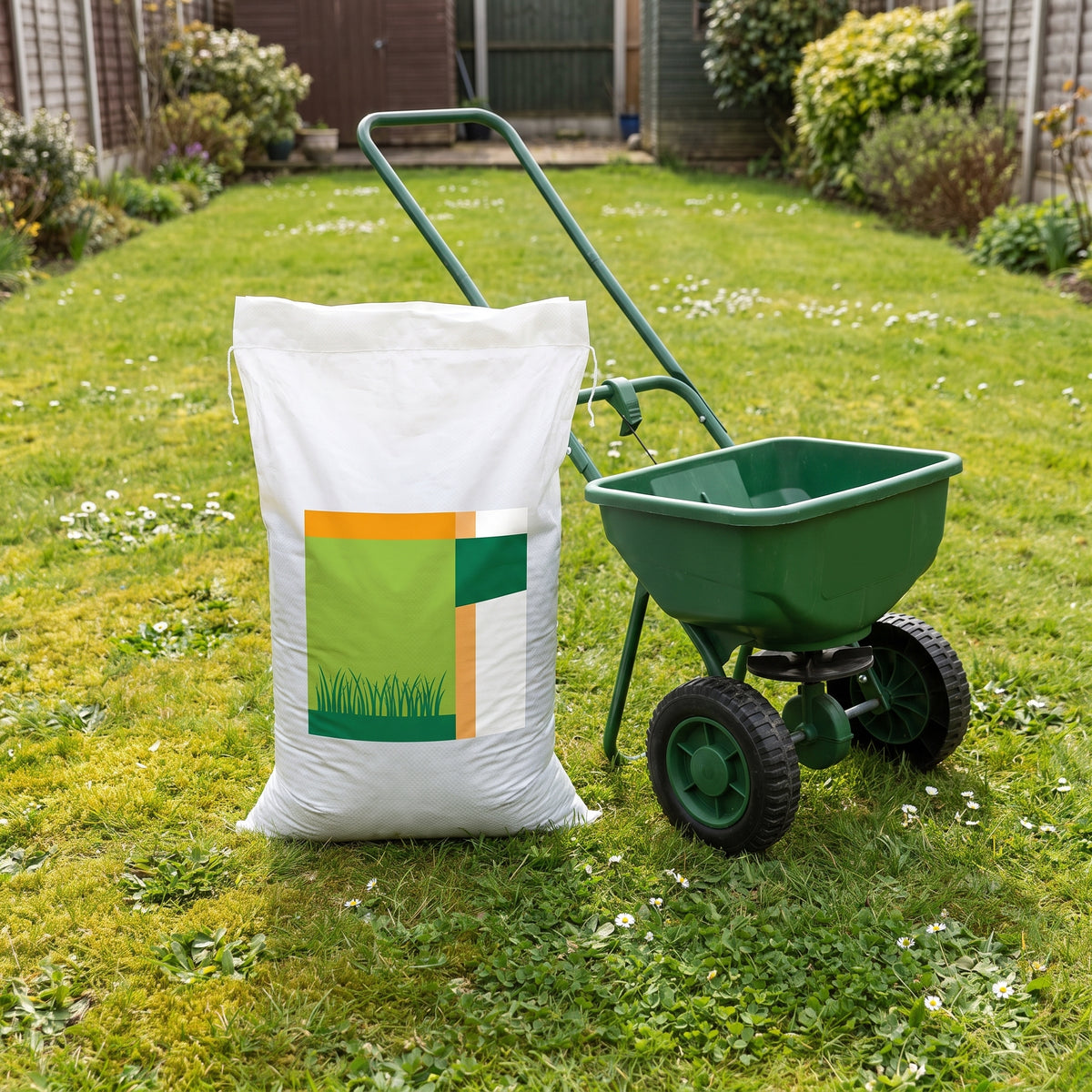 15kg bag of triple action granular weed, feed and moss killer on a garden lawn with moss, daisies and clover, beside a push rotary spreader