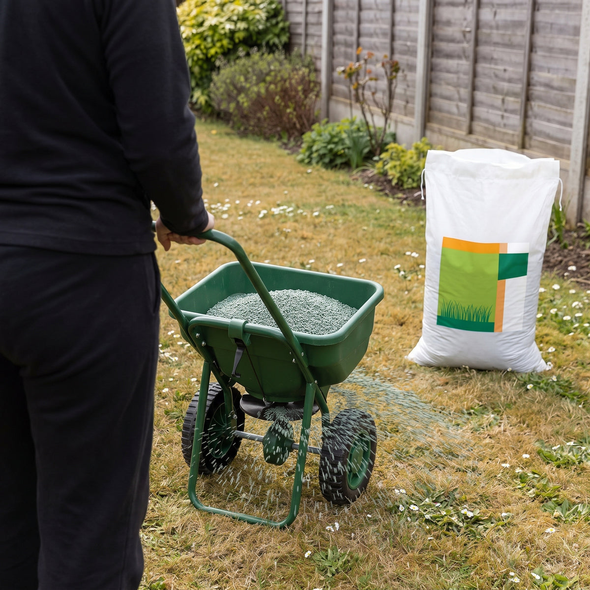 Spreading triple action weed, feed and moss killer granules across a garden lawn with a push rotary spreader, 15kg bag beside the lawn