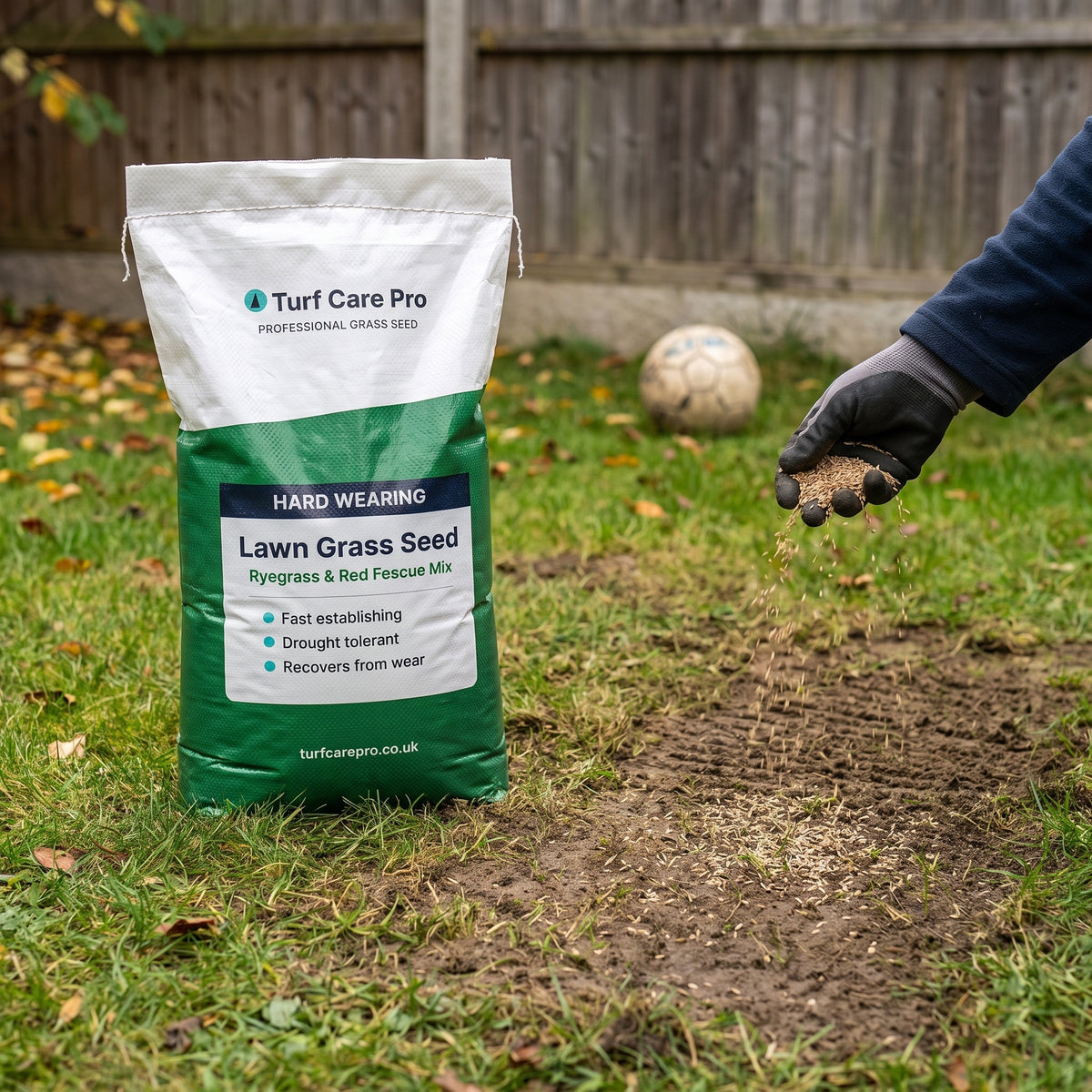 Overseeding a worn garden lawn by hand with Turf Care Pro hard wearing ryegrass and red fescue grass seed