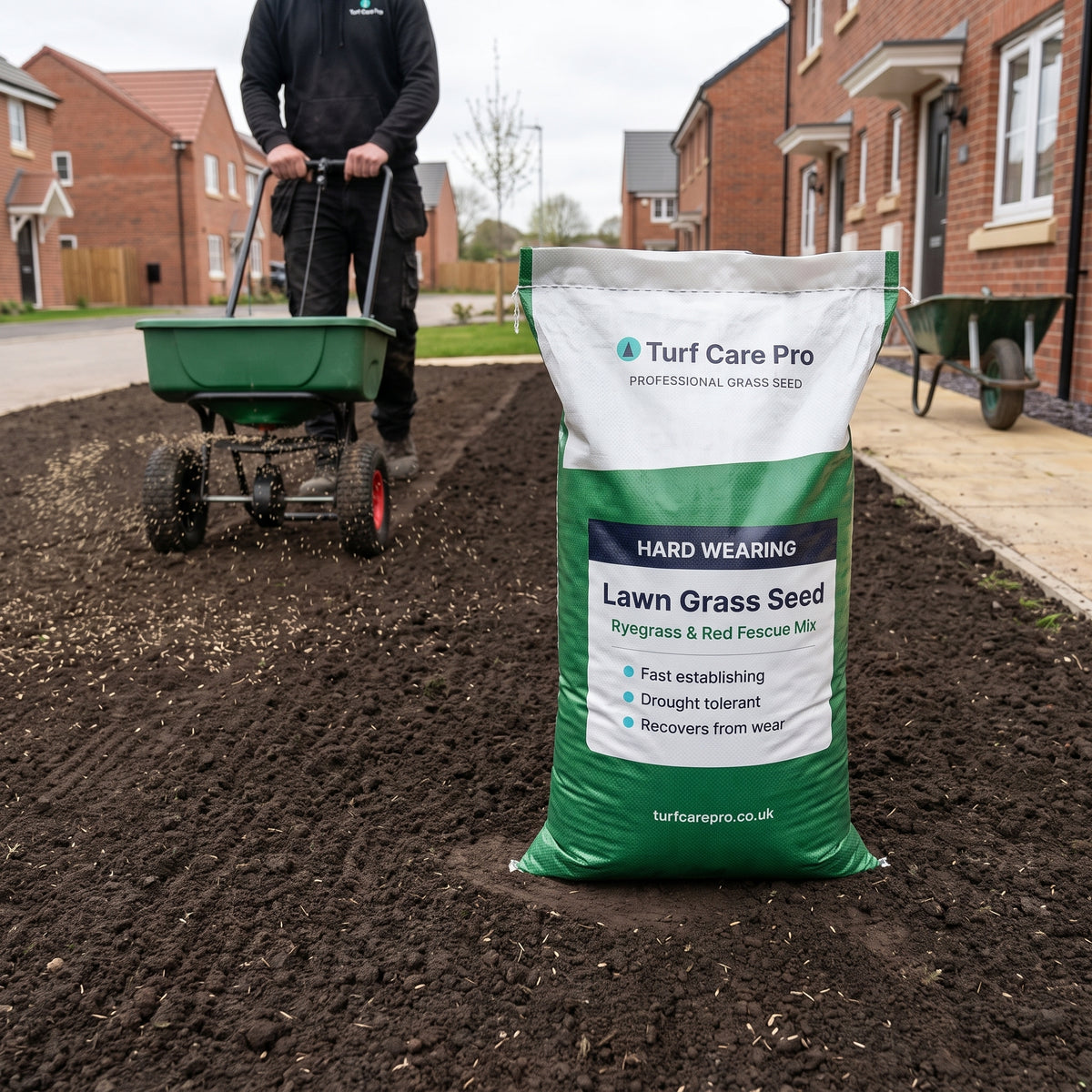 Turf Care Pro hard wearing lawn grass seed bag on prepared topsoil while a landscaper sows a new lawn with a push spreader