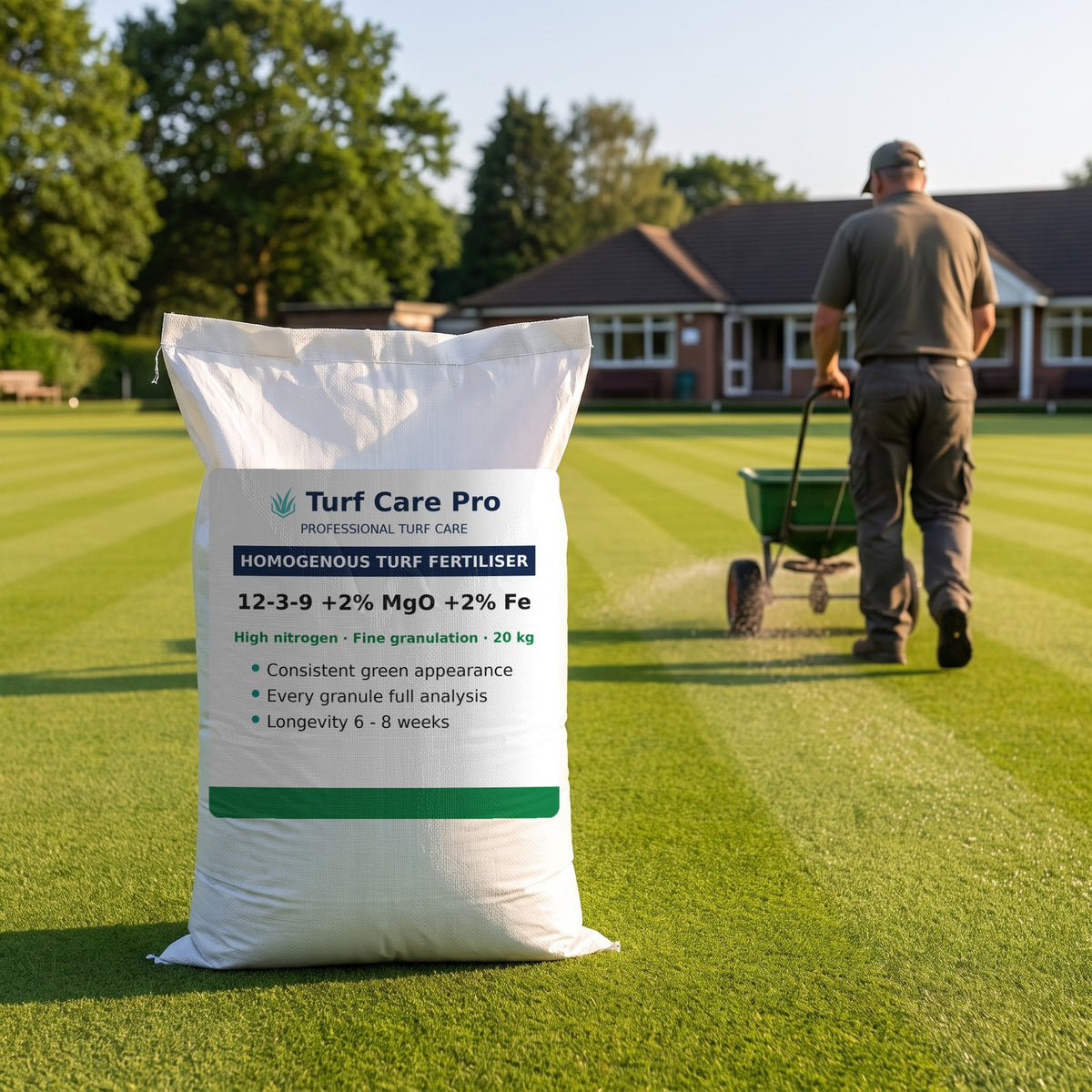 20kg turf fertiliser bag on a bowling green while fertiliser is spread