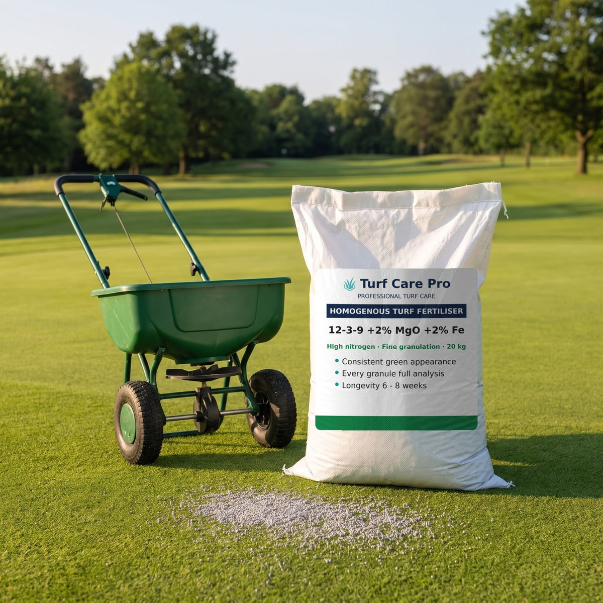 20kg 12-3-9 turf fertiliser bag beside a rotary spreader on a golf green