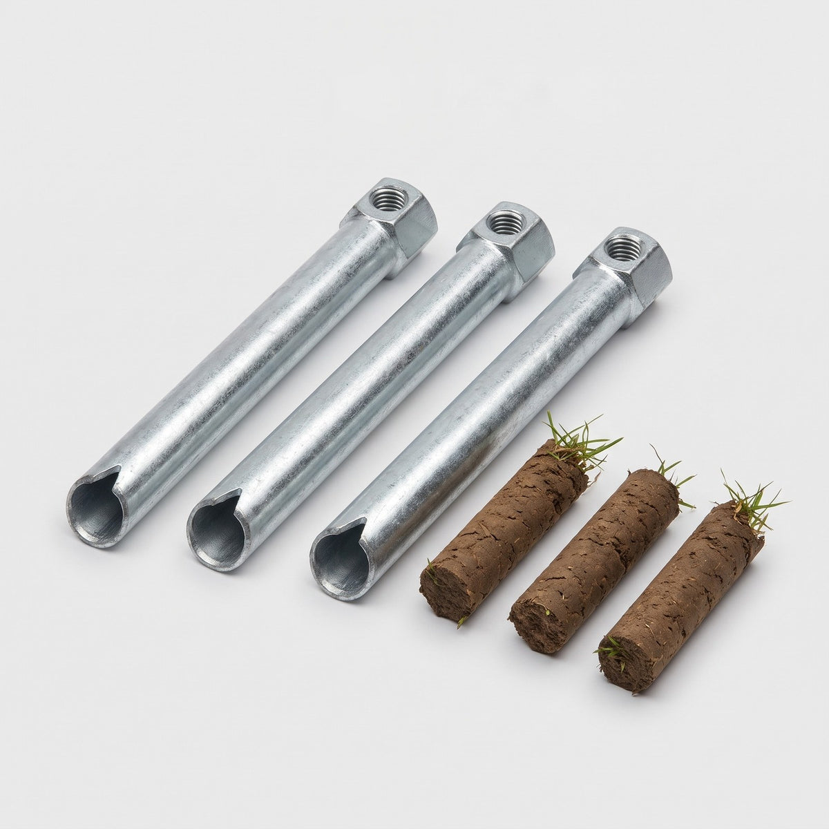 Set of 3 x 127mm x 15mm hollow coring tines with soil cores