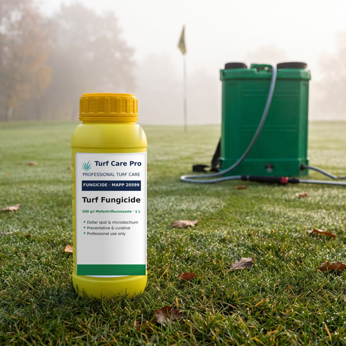 1L mefentrifluconazole turf fungicide on a golf green fringe with a knapsack sprayer