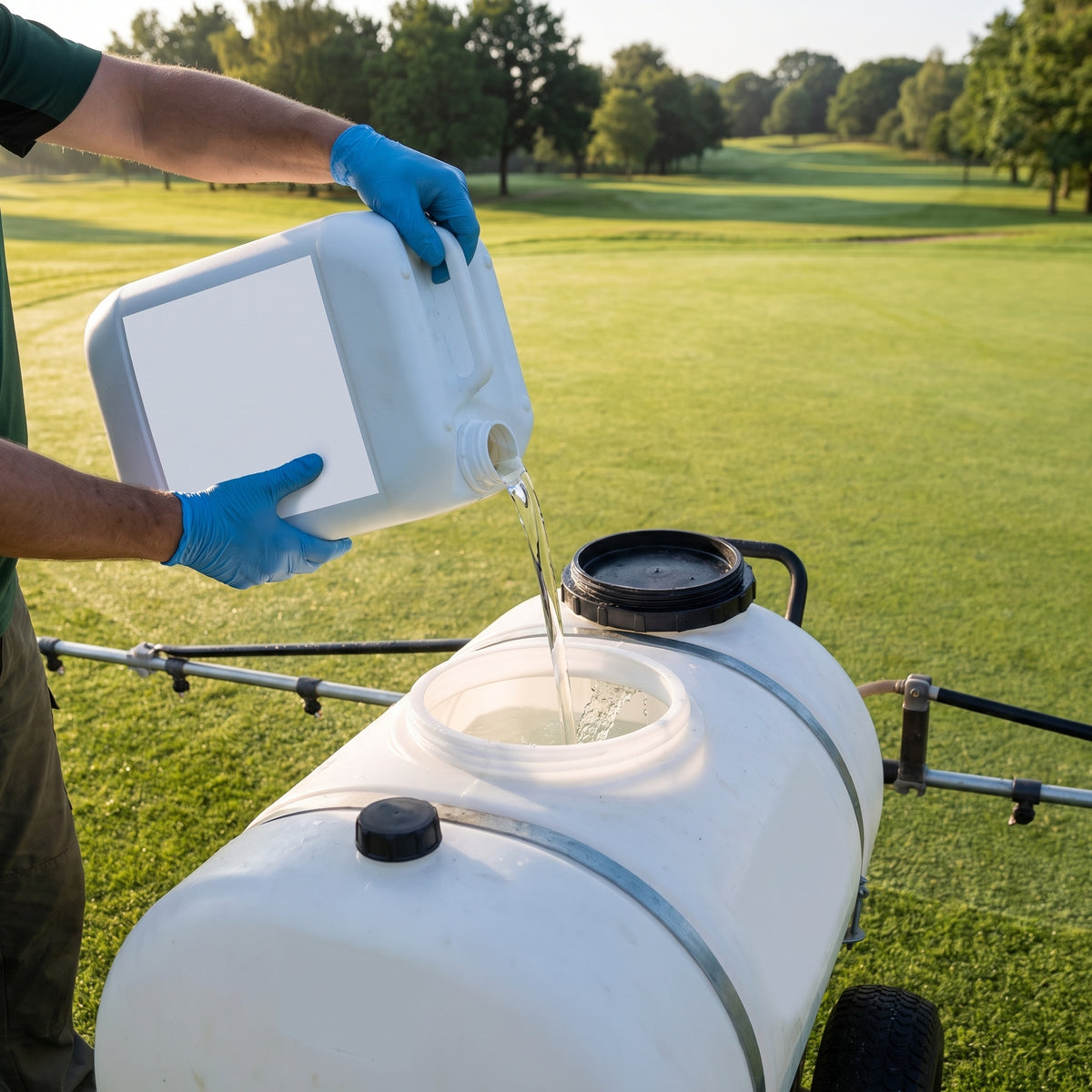 Chelated calcium turf hardener concentrate being poured into a sprayer tank of water beside a golf green