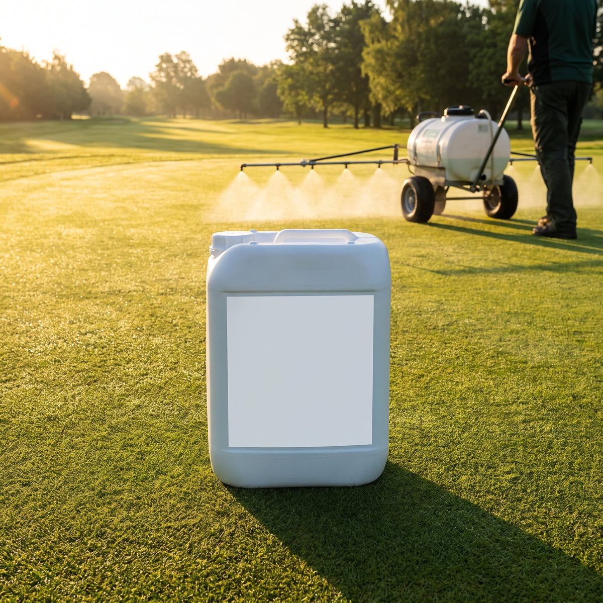 10L chelated calcium turf hardener on a golf green while a wheeled pedestrian sprayer applies it as a foliar spray