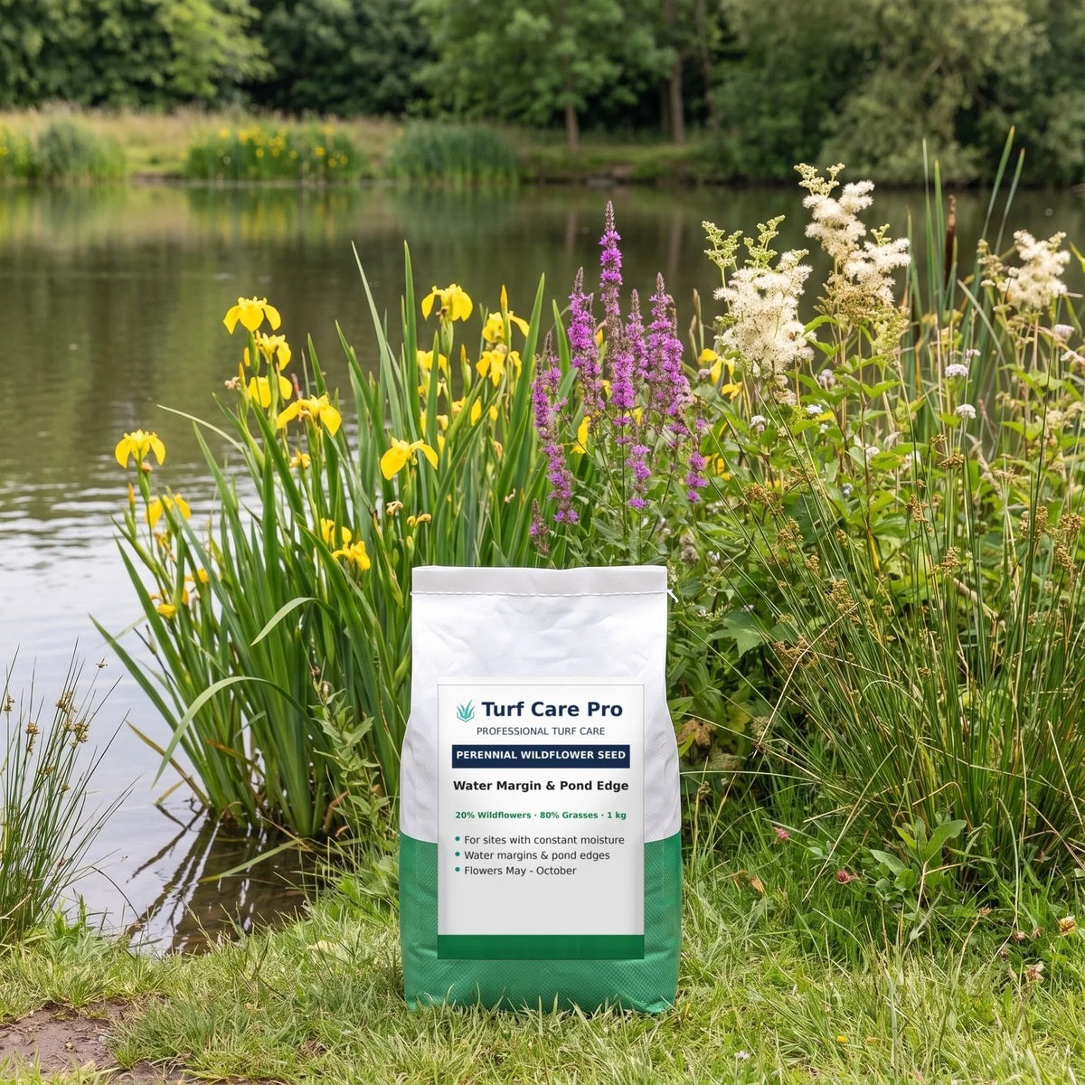 1kg water margin and pond edge wildflower seed mix on a pond bank with yellow flag iris and purple loosestrife