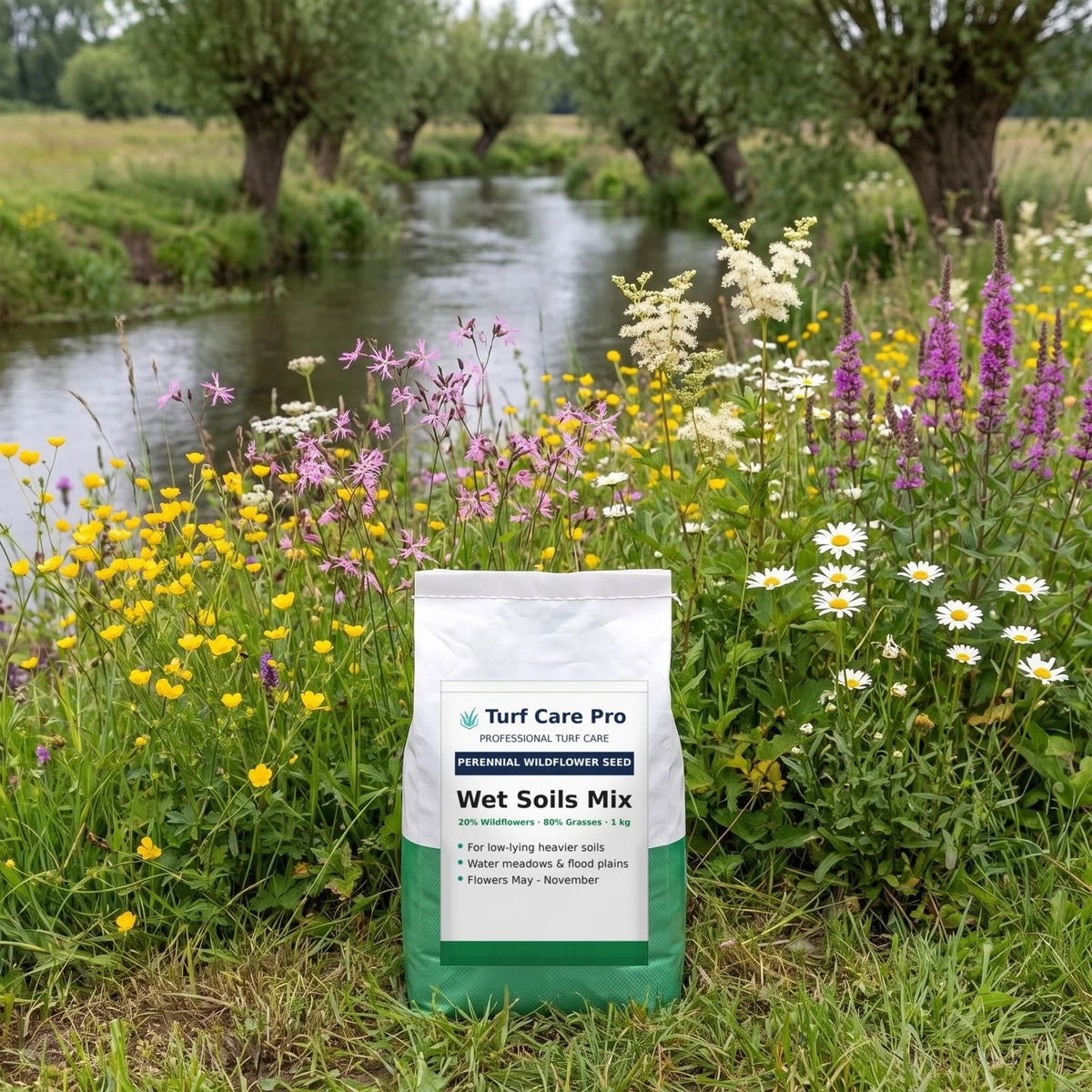 1kg wet soils wildflower seed mix at the edge of a flowering lowland water meadow
