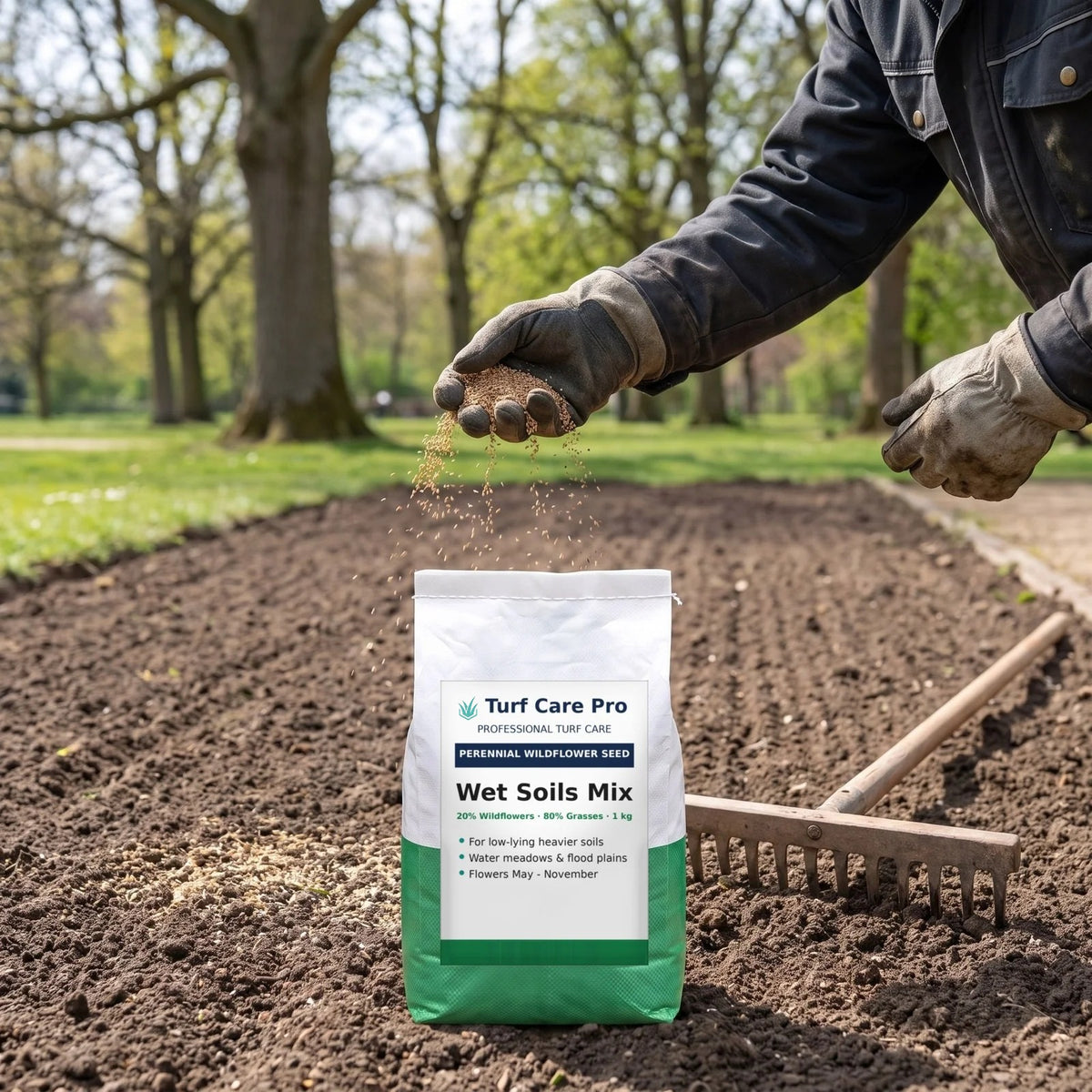 Hand sowing wildflower seed onto a prepared seed bed