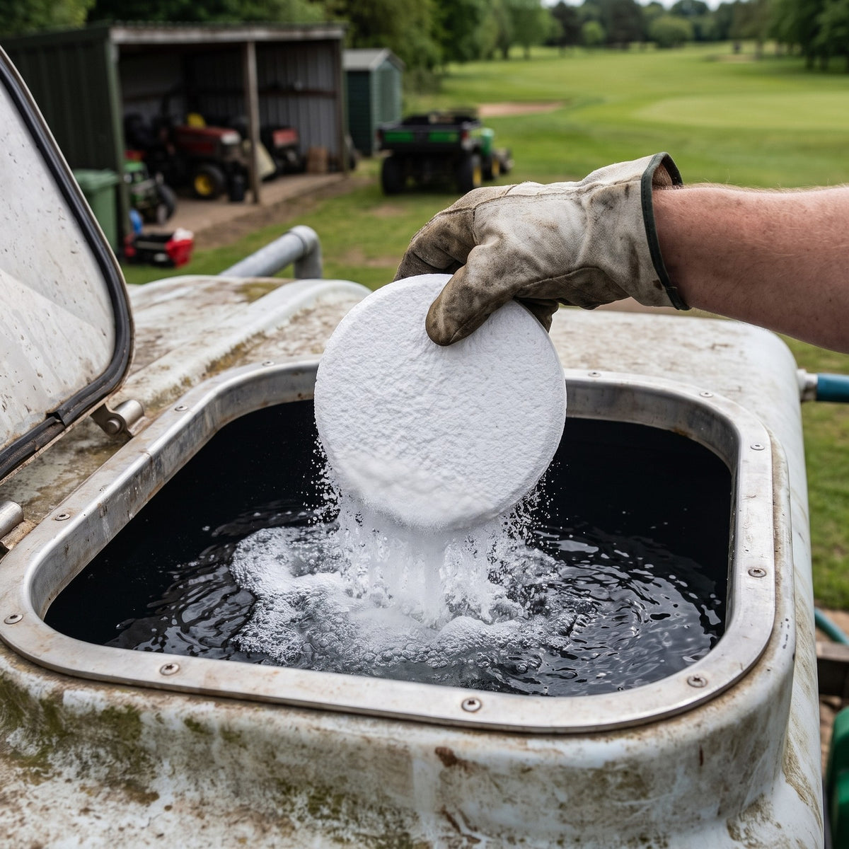 Effervescent wetting agent tablet fizzing as it is placed into an irrigation water tank