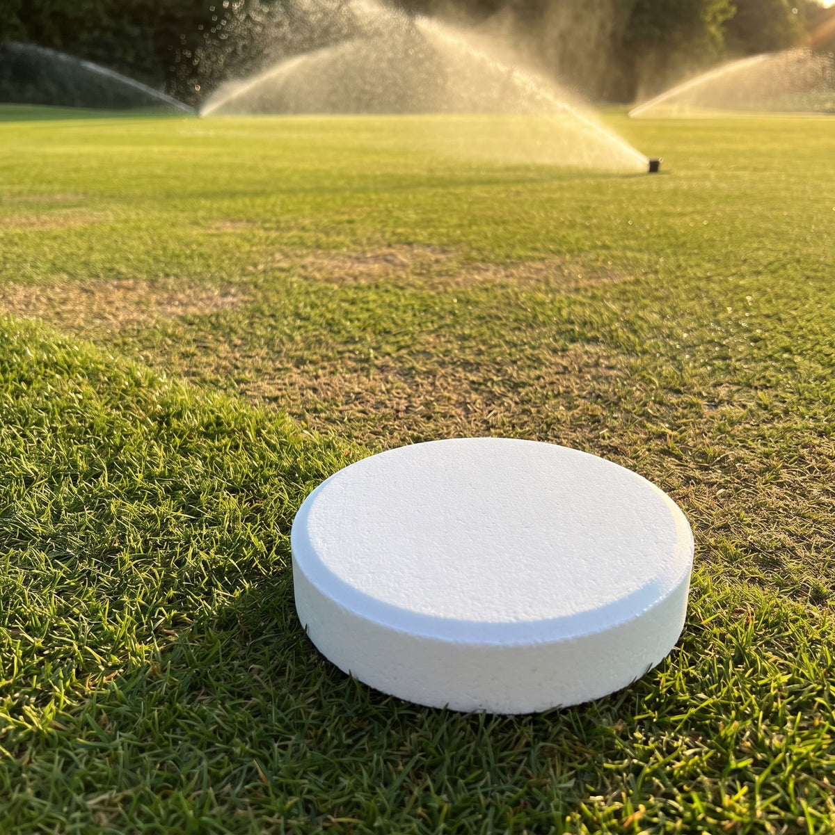 2.5kg wetting agent tablet on a golf green with irrigation sprinklers running behind