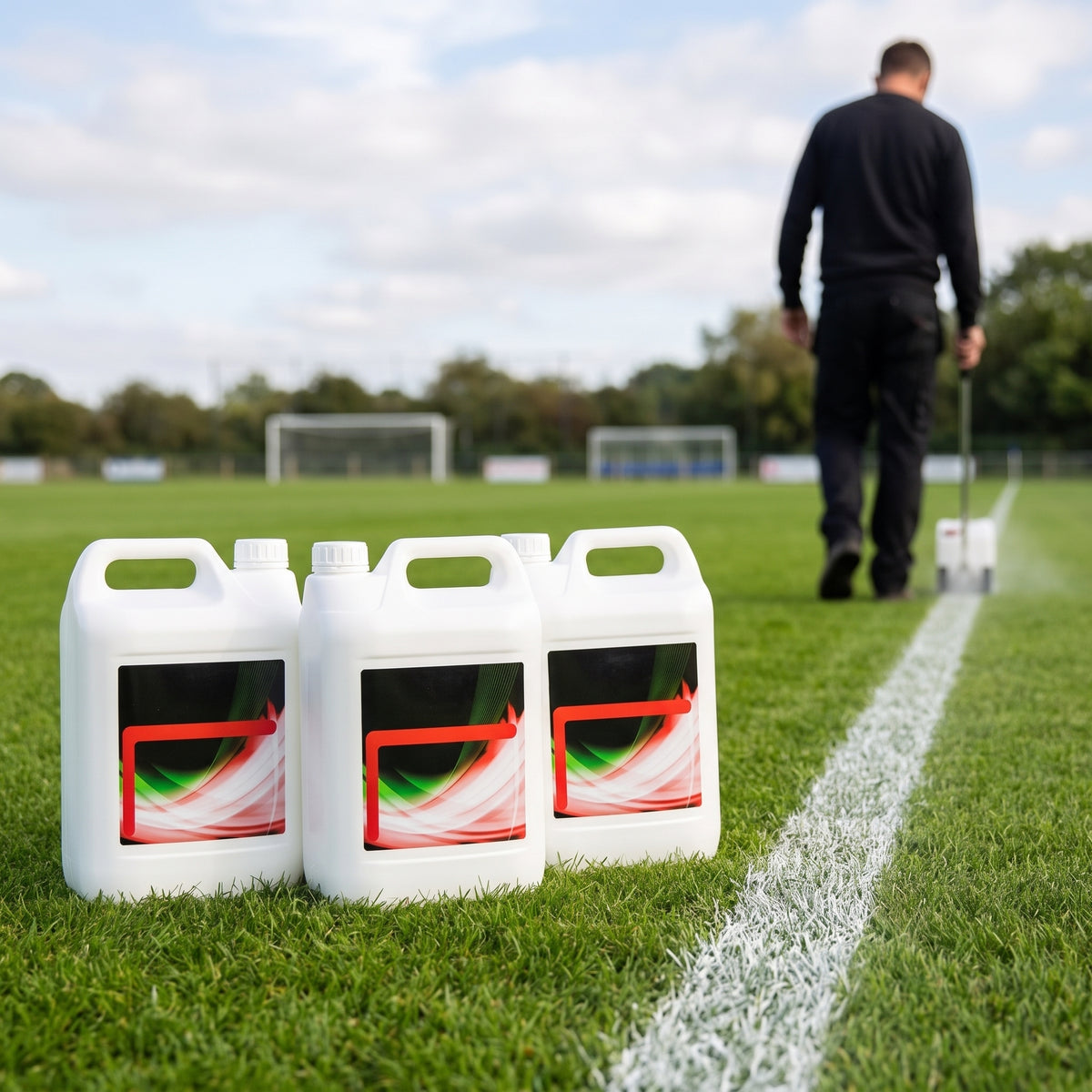 Pack of three 10 litre bottles of white line marking paint beside a football pitch while a groundsman marks a brilliant white touchline