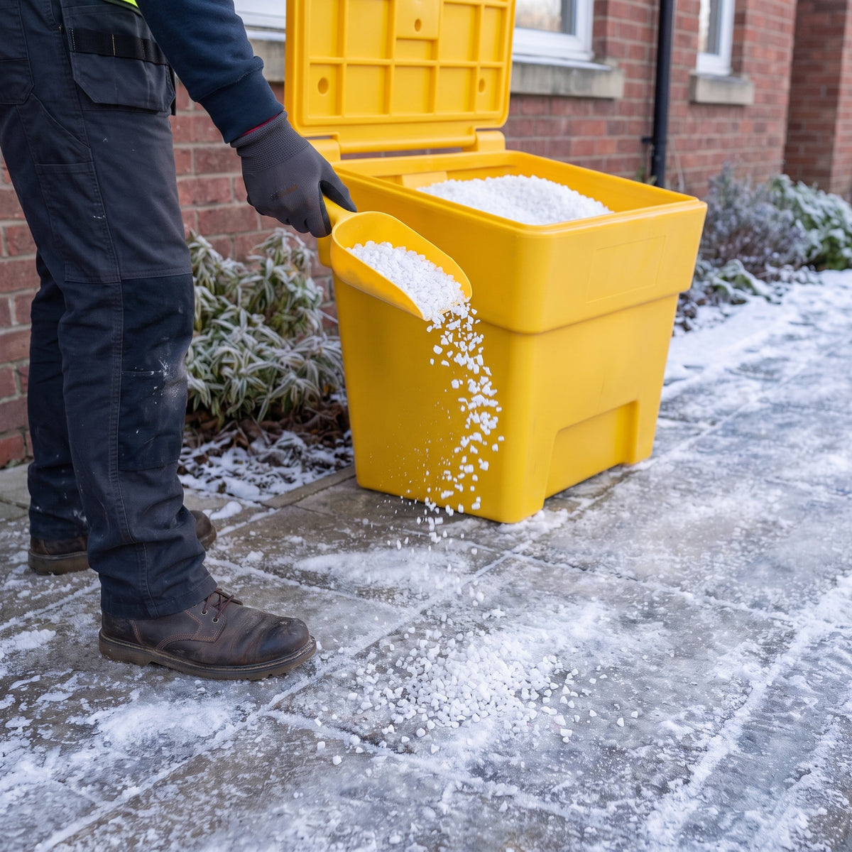 White rock salt being scattered with a grit scoop from a yellow 200L grit bin onto an icy footpath