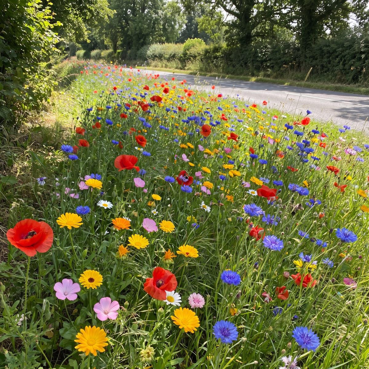 Roadside verge sown with wildflower mix with annuals giving first-year colour