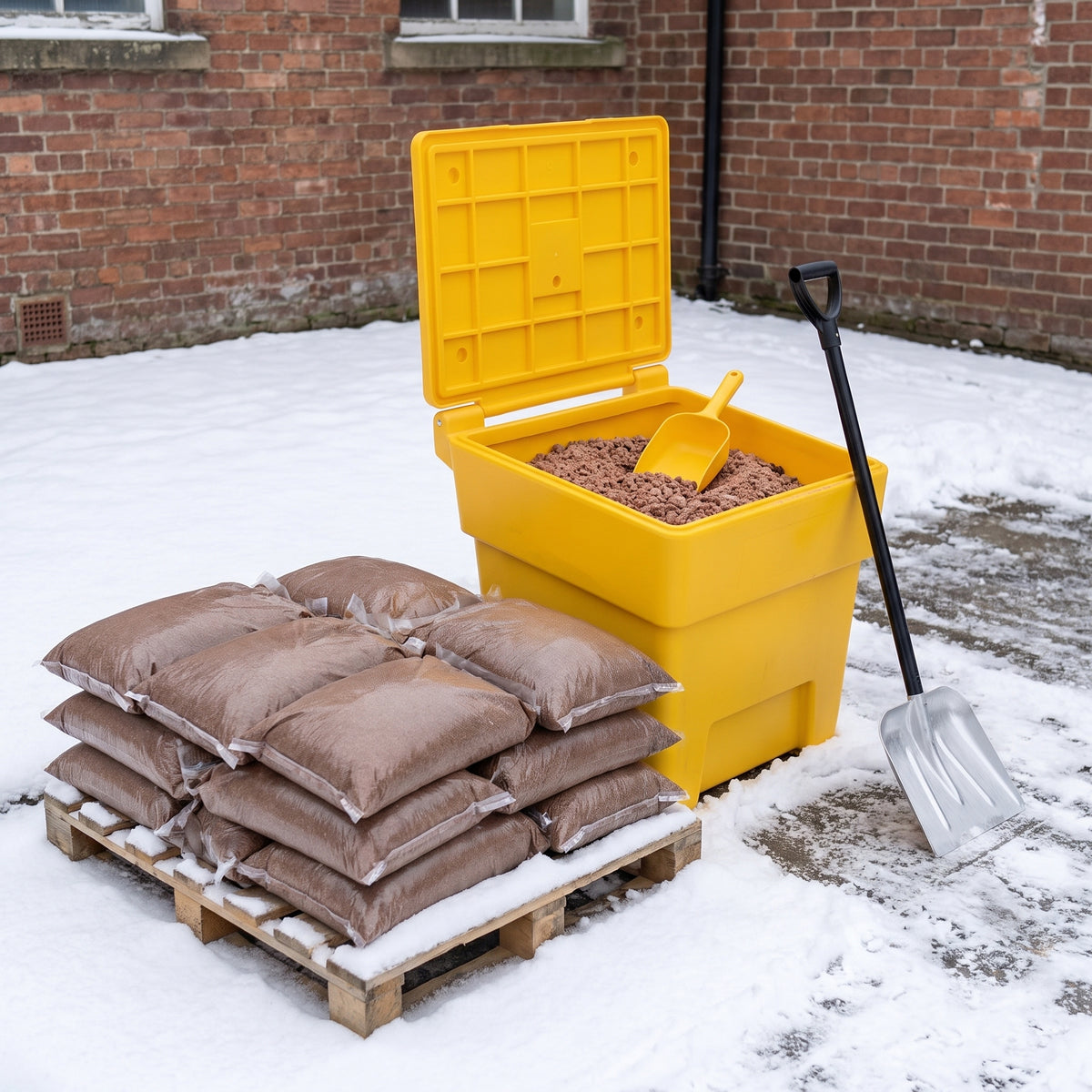 Winter gritting package: pallet of brown rock salt bags, yellow 200L grit bin with grit scoop and a heavy duty snow shovel