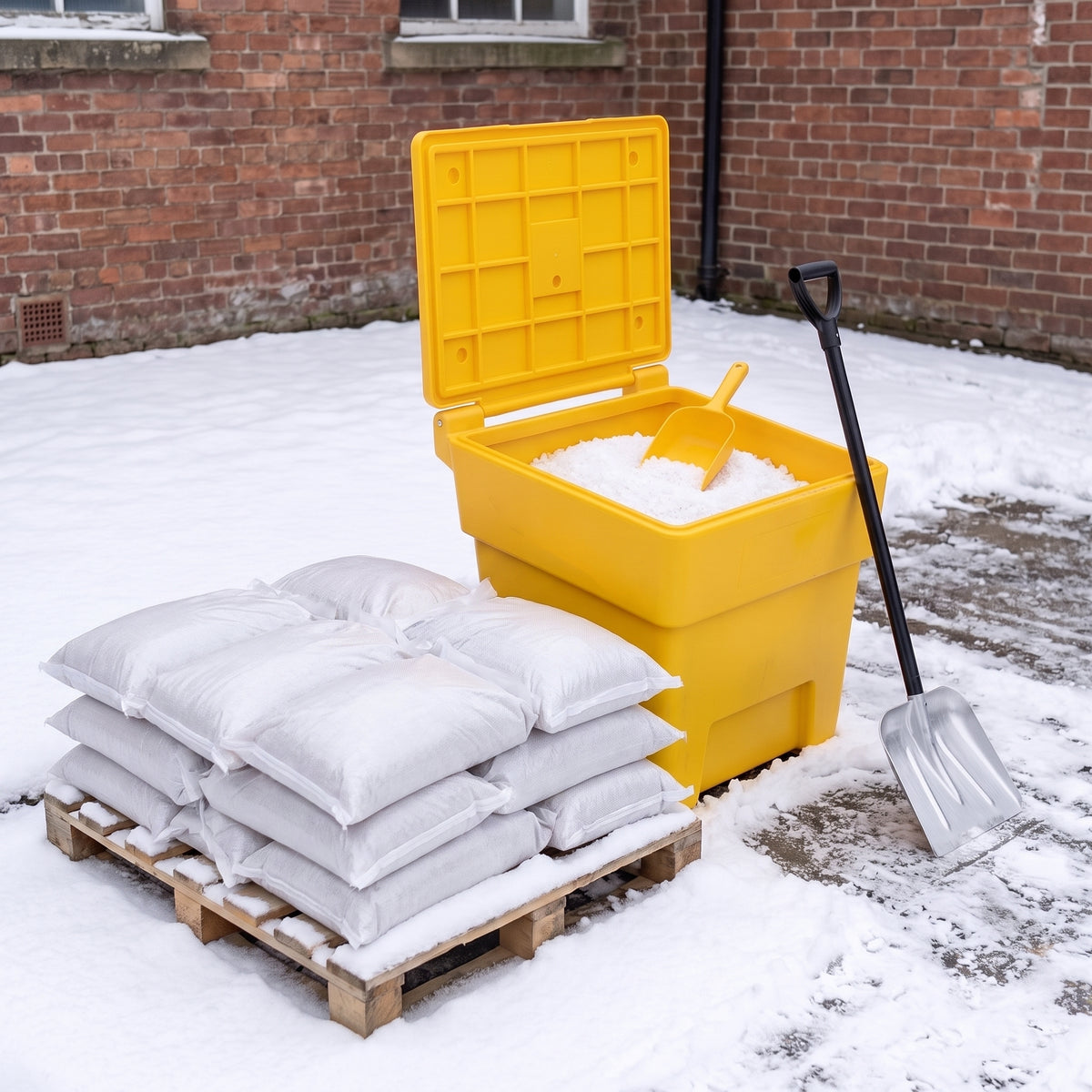Winter gritting package: pallet of white rock salt bags, yellow 200L grit bin with grit scoop and a heavy duty snow shovel
